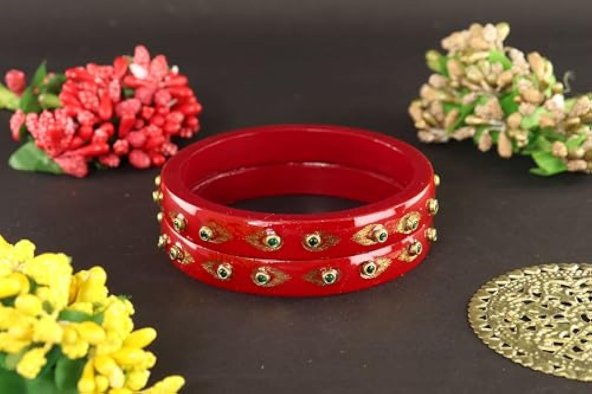 Lac Kada Set with Zircon Gemstone & Printed Morpankhi, Elegant Bangles