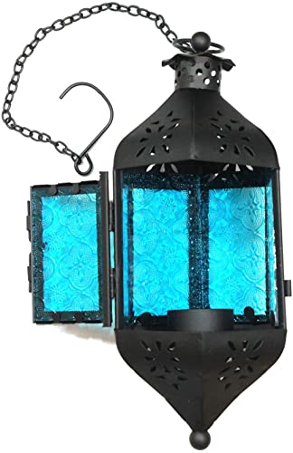 Vela Lanterns Hanging Moroccan Decorative Candle Lantern Holder For Ramadan, Blue Glass #TOP2