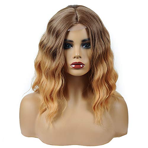 Short Bob Wavy Curly Wig 14 inch Synthetic Wavy Wigs Shoulder Length Wigs for Women Costume Wigs for Daily Cosplay Use (14 Inch, Blonde)