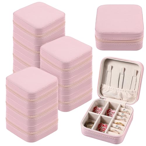 JOUTYFOR 12 Pcs Mini Travel Jewelry Case Bridesmaid Proposal Gift Boxes, Small PU Leather Earring Organizer, Bulk Travel Accessories Portable Jewelry Holder (Pink)