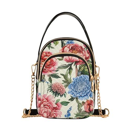Rose Peony Pink Blue Florals Single Shoulder Handbags Chain Wallet Cell Phone Purse Floral Print Zipper Bowler Tote Ladies Satchel, 5.9