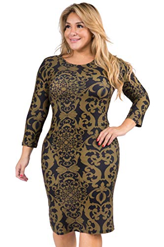 Image of ICONOFLASH Women's 3 /4 Sleeves Midi Bodycon Dress Crew Neck Fitted Dresses with Plus Size Options