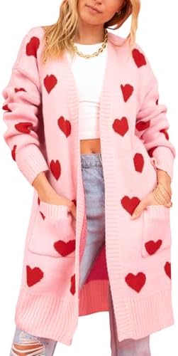 HOULENGS Women's Cute Heart Long Cardigan Sweaters V Neck Ribbed Knit Open Front Sweater Coats with Pockets Pink Small