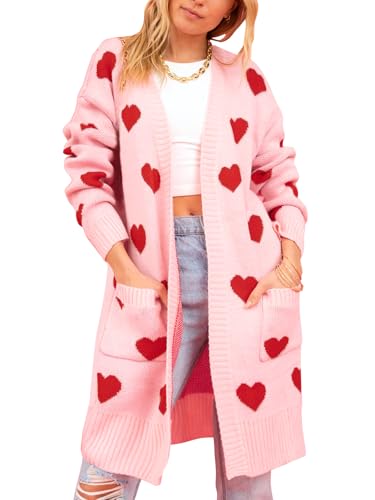 HOULENGS Women's Cute Heart Long Cardigan Sweaters V Neck Ribbed Knit Open Front Sweater Coats with Pockets