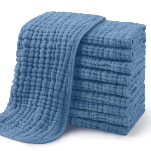 Image of Yoofoss Muslin Burp Cloths for Baby 10 Pack 100% Organic Cotton Baby Washcloths for Boys Girls Large 20''X10'' Super Soft and Absorbent Apricot,Denim Blue