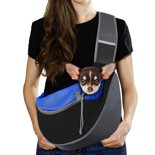 Pawaboo Trasportino per Cani, Borsa a Mano in Rete Traspirante per Cucciolo di Gatto, Coulisse con Cinghia Regolabile e Tasca, Borsa per Canis a Tracolla per Viaggi All'aperto, M, Indaco