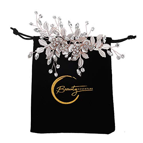 Beauty Adventure – Bridal Hair Comb Light Rose Gold Flower with Rhinestone – Wedding Hair Clip - GIFT Velvet Bag - Handmade Barette Hair Accessory (Rose Gold)