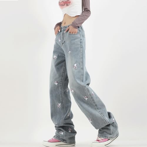 Harajuku Y2K Kawaii Gothic Casual Style Straight Wide Leg Vintage Embroidery Bunny Trim Jeans Pants for Women4