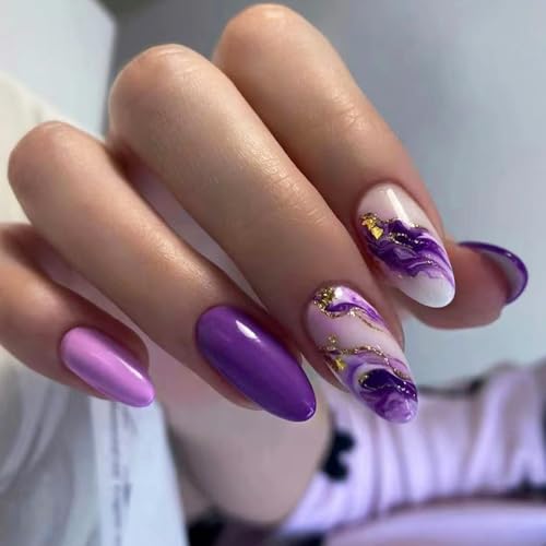 Purple Press on Nails Almond - Medium Fake Nails with Marble Texture Design - Ombre, Glitter Stick on False Nails for Women 24 Pcs