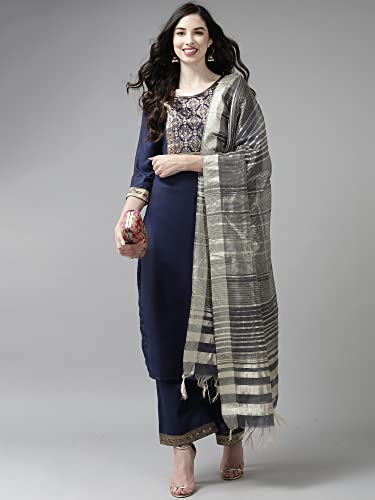 Image of INDO ERA Women's Cotton Blend Yoke Design Straight Kurta with Pant & Dupatta Set