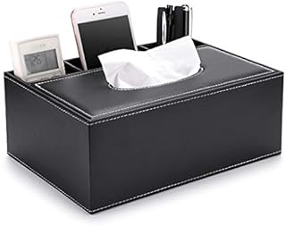 BSTKEY PU Leather Household Office Rectangular Tissue Box with Remote Control Storage Organizer Box - Elegant and Stylish Home Napkin Holder Desktop Tissue Paper Holder Desk Storage Organizer (Black)