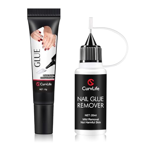 Curvlife 10g Semi-Solid Glue and 20ml Pinpoint Glue Remover Kit - Gel for Press on Nails, Quick Dry...