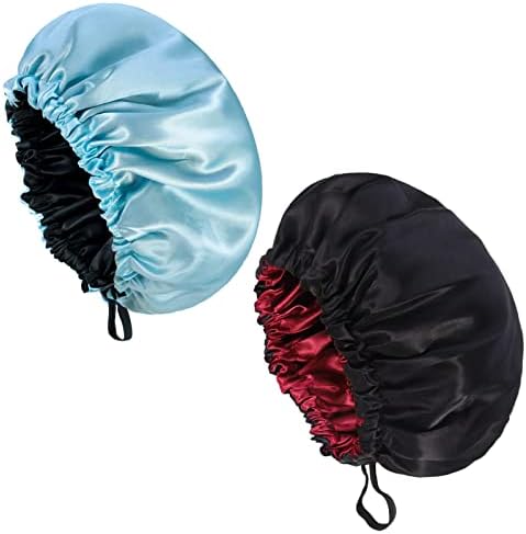 Fuyamp 2 Packs Satin Sleep Cap, Adjustable Silky Sleep Bonnet for Women Long Curly Hair, Double-Sided Waterproof Satin Hair Cap Extra Large Sleep Satin Bonnet for Women Sleeping(Black+Lake Green)