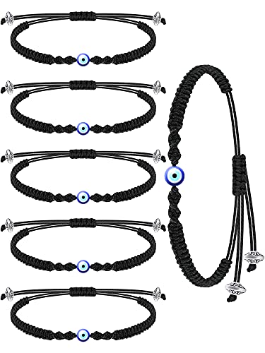 Hicarer 6 Pieces Evil Eye Rope Kabbalah Bracelets Evil Eye Adjustable Cord Bracelet Black Knotted Bracelet Summer Rope Bracelets for Women Men (Simple Style)
