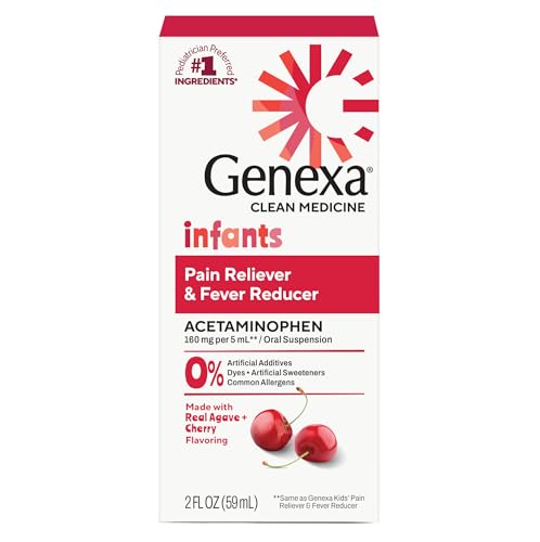 Image of Genexa Infants' Clean Acetaminophen | Pediatrician Preferred Ingredients | Pain Reliever & Fever Reducer for Babies| Dye Free, 0% Artificial Additives | Delicious Organic Cherry Flavor, 2 fl oz