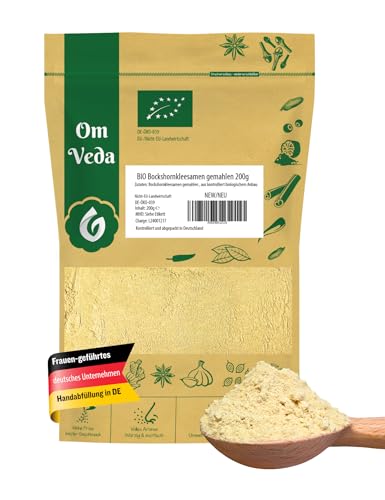 BIO Bockshornklee gemahlen | Fein gemahlenes Bockshornkleesaatpulver ohne Zusätze | Organic Fenugreek Seeds Powder | Ideal für Tee oder als Gewürz | OmVeda (200g)