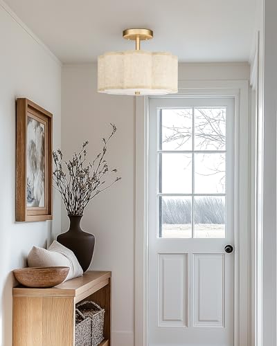 Image of Gold Semi Flush Mount Ceiling Lights, 3-Light 12.5 inch Light Fixtures Ceiling Mount with Linen Fabric Drum Shade in Flower Shape for Nursery Hallway Bedroom Kitchen, AD-22007-3SF-GD-B