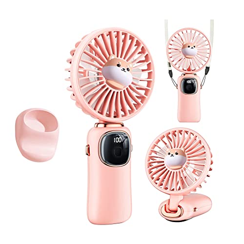 Diggtor Ventilador Portátil Portátil Ventilador de Cuello de 4000mAh con Pantalla Un LED Ventilador de Escritorio Plegable con Base, Ventilador Un 5 Velocidades para Rosa