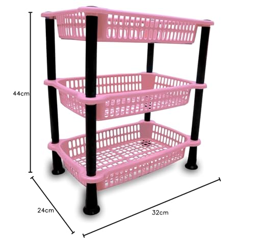 Image of patidar brothers Plastic 3 Layer Multi-Purpose Kitchen Storage Basket Rack|Vegetable Basket For Kitchen (color:Navy Pink)