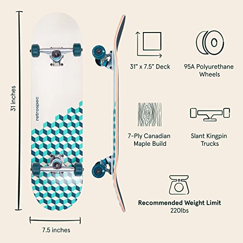 Image of Retrospec Alameda Skateboard Complete | Canadian Maple Wood Deck w / 5.5 Inch Aluminum Alloy Trucks for Commuting, Cruising, Carving & Downhill Riding