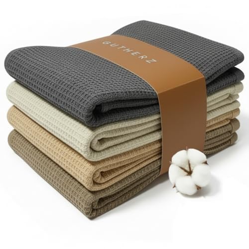Gutherz Geschirrtücher aus Baumwolle - Sanfte Naturtöne | 4er Set (45x65 cm) | Waffelstruktur Küchentücher | Saugstarke & stilvolle Trockentücher | Küchenhandtücher - Tea Towels