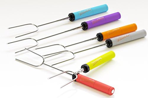 S'mores Marshmallow Roasting Sticks Best For Campfire, Firepit, and Sausage BBQ. Stainless Steel 34 Inch Stick, Set of 6 (Violet,Orange,Green,Blue,Red,Gray Colour) with Bambo Skewers - Perfect Gift