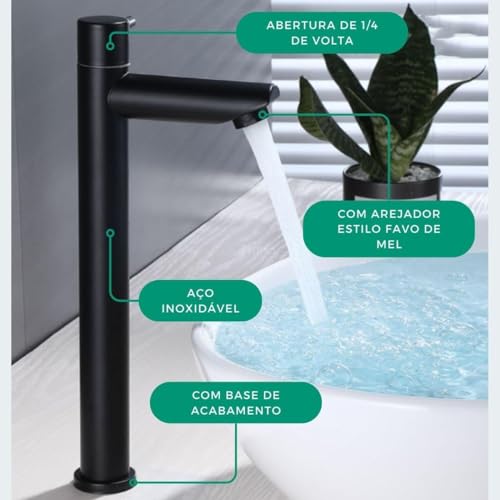 Torneira Alta Preta Fosca Premium Banheiro Lavabo Lavatorio de Bancada Somente Água Fria de Bica em