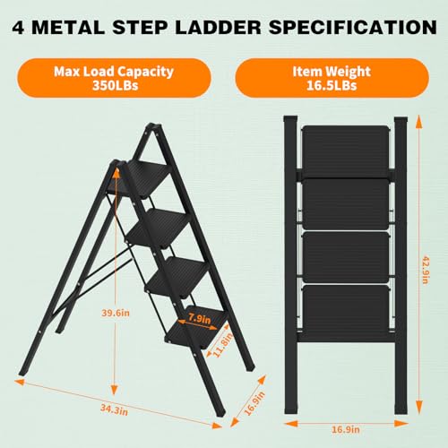 Image of 4 Step Ladder Folding Step Stool, Stable Step Ladder with Wide Pedals & Non-Slip Rubber Feet, Portable & Space Saving Step Ladder for Kitchen /Closet /Adults(16.9 inch W x 39.6 inch H, 350LBs Loading)