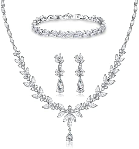 IDASANY Jewelry Set for Women, Cubic Zirconia Necklace Dangle Earrings & Bracelet Jewelry Set for Bride Bridesmaid Wedding Prom Party