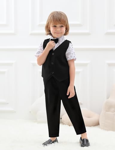 A&J DESIGN 4pcs Baby & Toddler Boy Suit Print Shirt Set for 12 Months - 5T, Shirt & Pants & Vest & Bow Tie2