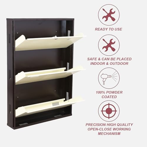 Image of Metal Shoe Rack Wall Mounted for Home with Central Locking 3 Door 28 inch Wall Mounted Metal 9 Pair Shoe Rack Cabinet Pre-Assembled Rack Shelves|3 Year Warranty (Brown & Ivory)