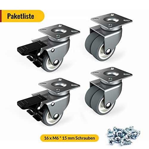 50mm Möbelrollen mit Sicherheitsbremse 4er Set Schwerlastrollen (2 mit Bremsen und 2 ohne) Strandkorbrollen mit 400kg Gesamtkapazität