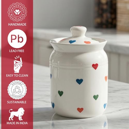 Image of Multi Heart Printed Ceramic Handglazed Pickle Jars Set of 1-1000 ML Each | 1 kg Achaar Martban Barni Jar with Lid | Ceramic Storage Jar Container Pickle, Chatney