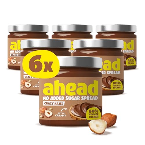 ahead CRAZY HAZEL | 6 x 200g Haselnusscreme ohne Zuckerzusatz | Super leckerer Schokoaufstrich mit 80% weniger Zucker* | Ohne Palmöl glutenfrei & vegetarisch | Zuckerarmer Brotaufstrich Schokocreme