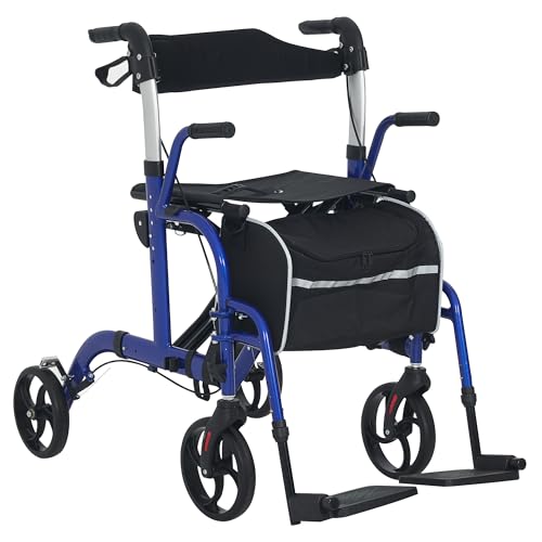 HOMCOM 2 in 1 Wheelchair Transport Chair & Folding Rollator Walker with Seat, Footrest, Backrest, Lightweight Walking Frame with Adjustable Height, Bag, 4 Wheeled Walker for Seniors, Pearl Blue