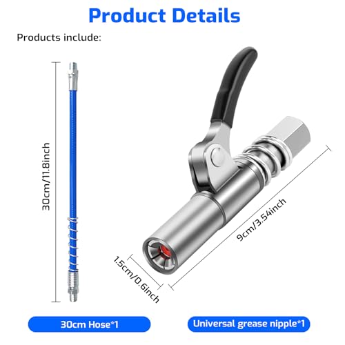 Nevoluxer Fettpressendüse mit 30 cm Schlauch – Hochdruck-Fettpressenanschluss für Schmiernippel, Passend für alle gängigen Fettpressen, Robuste Stahlkonstruktion
