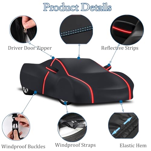 Image of Waterproof Car Cover for Corvette C3 1968-1982,All Weather Outdoor 230T Polyester with Driver Door Zipper, Snow Rain Dust Sun UV Protection, Includes Storage Bag（Black+Red）