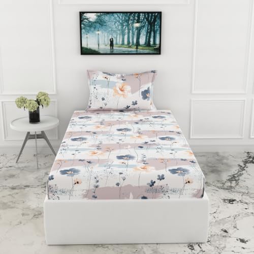 Image of LORETO - A QUALITY LINEN BRAND 210 TC 100% Pure Cotton Single Fitted Bedsheet with 1 Pillow Cover for 78 x 36 Inch Mattress, All-Around Elastic, 8 Inch Deep Pocket, Blue & Peach
