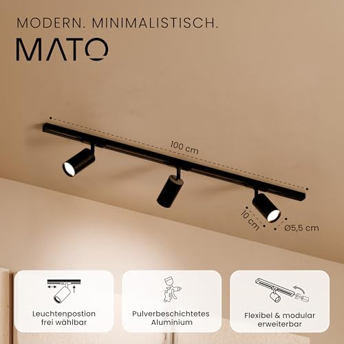 MATO LED Schienensystem Lampen Schwarz Komplettset - Gerade 1m Schiene + 3x GU10 Spots - Lichtschienensystem Decke, Stromschiene 1 Phase 230V Lichtschiene, Lampenschienen System, Stromschienensystem