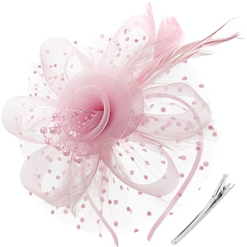 Image of DRESHOW Fascinators Hat Flower Mesh Ribbons Feathers on a Headband and a Clip Tea Party Headwear for Girls and Women