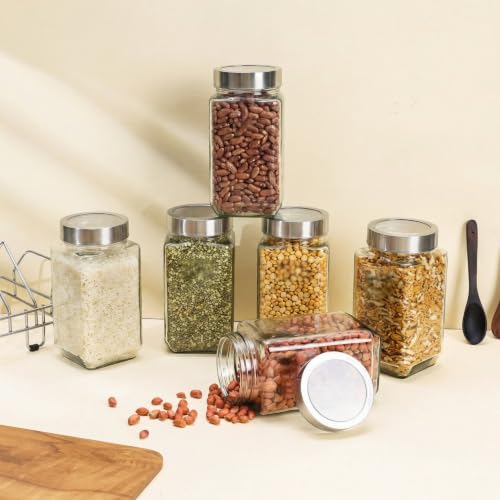 Image of Glass Storage Jars Set of 6 | 1000ml 1kg Each | Transparent Airtight Glass Containers with Lid for Kitchen Storage | Glass Jars for Kitchen | Pickle Jar, Masala, Spices, Dry Fruits & Cookies