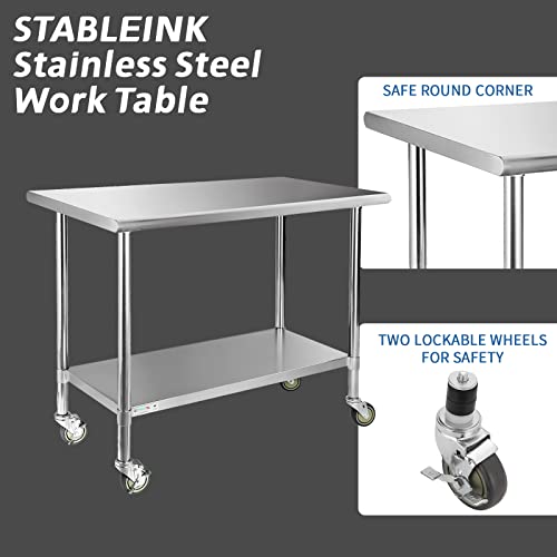 Image of STABLEINK NSF Stainless Steel Table with Wheels 48x24 Inches 4ft, Metal Prep & Work Table with Adjustable Undershelf, for Commercial Kitchen, Restaurant, Hotel, Laundry and Garage