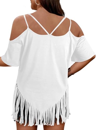 Remidoo Camiseta de Manga Corta con Flecos para Mujer, de Gran tamaño, Sexy, Cuello en V, Blanco, Large