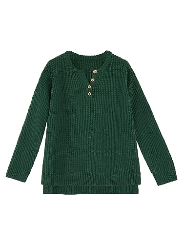Image of rrhss Girls Waffle Knit Sweaters Trendy Henley Button V Neck Long Sleeve Pullover Jumper Tops