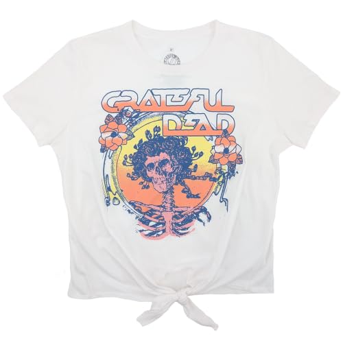 Ripple Junction Grateful Dead Womens Short Sleeve T-Shirt Tie Front Bertha & Roses Band Tee Junior Fit White Medium