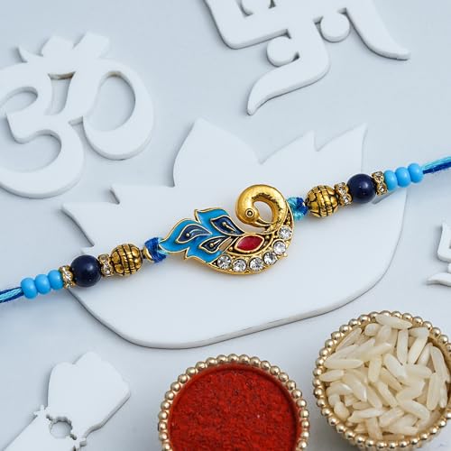Image of eCraftIndia Beautiful Peacock Rakhi for Brother Bhaiya Bhai with Best Bro Ever Fridge Magnet | Roli Chawal Pack
