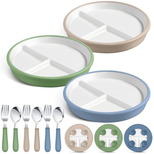 Image of Teenyyou 3 Pack 8" Large Porcelain Toddler Plates Feeding Set, Ceramic Kids Suction Plates with Anti Slip Silicone Sleeve for Baby 3 Spoons and Forks Divided Kids (Blue,Green,Beige)