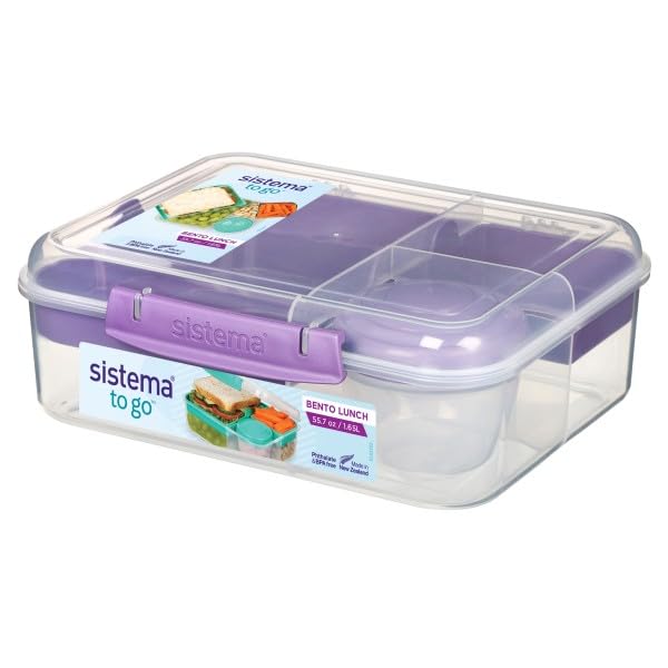 Sistema 4er Pack 21690 Bento Lunchbox To Go, mit Fruit/Joghurt Topf, 1,65 Liter, Farbe - Minze/Blau/Lila
