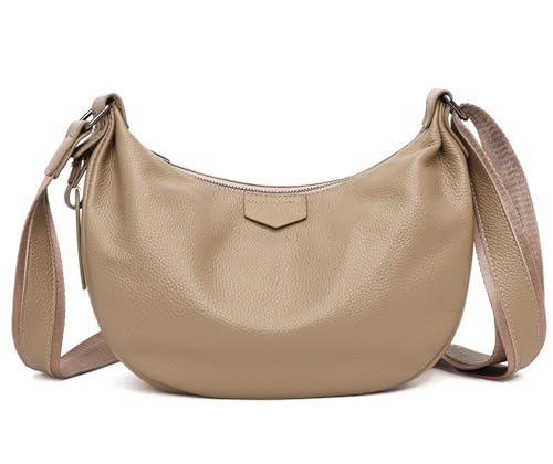 Micmores Genuine Leather Crossbody Bags for Women - Medium Soft Pebble Leather Shoulder Purse with Multi-Pockets, Adjustable Strap Handbag for Travel & Daily Use (Khaki)