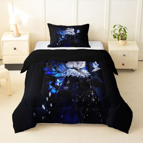 Image of Erosebridal Gothic Girls Comforter Set for Kids Boys Girls A Girl Wearing A Crown Bedding Butterfly Diamond Feather Print Duvet Set Coquette Princess Comforter Twin with 1 Pillowcase